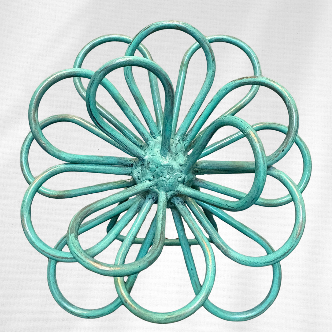 Handcrafted Steel Zinnia Flower Sculpture – Turquoise Patina – Artfully Curved by Hand | Metal Bloom Décor for Shelf, Desk, or Bookcase | Gift for Garden & Flower Lovers