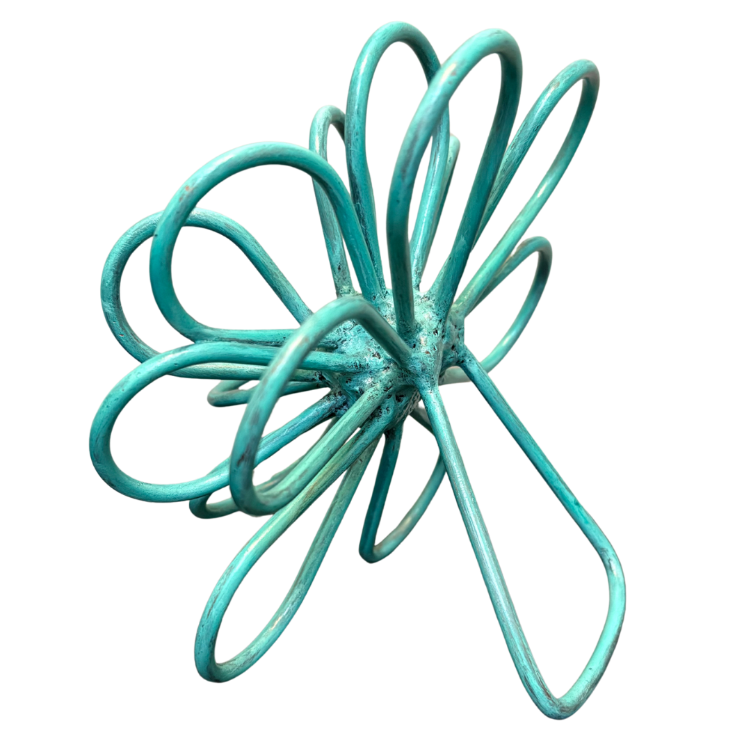 Handcrafted Steel Zinnia Flower Sculpture – Turquoise Patina – Artfully Curved by Hand | Metal Bloom Décor for Shelf, Desk, or Bookcase | Gift for Garden & Flower Lovers