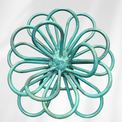 Handcrafted Steel Zinnia Flower Sculpture – Turquoise Patina – Artfully Curved by Hand | Metal Bloom Décor for Shelf, Desk, or Bookcase | Gift for Garden & Flower Lovers