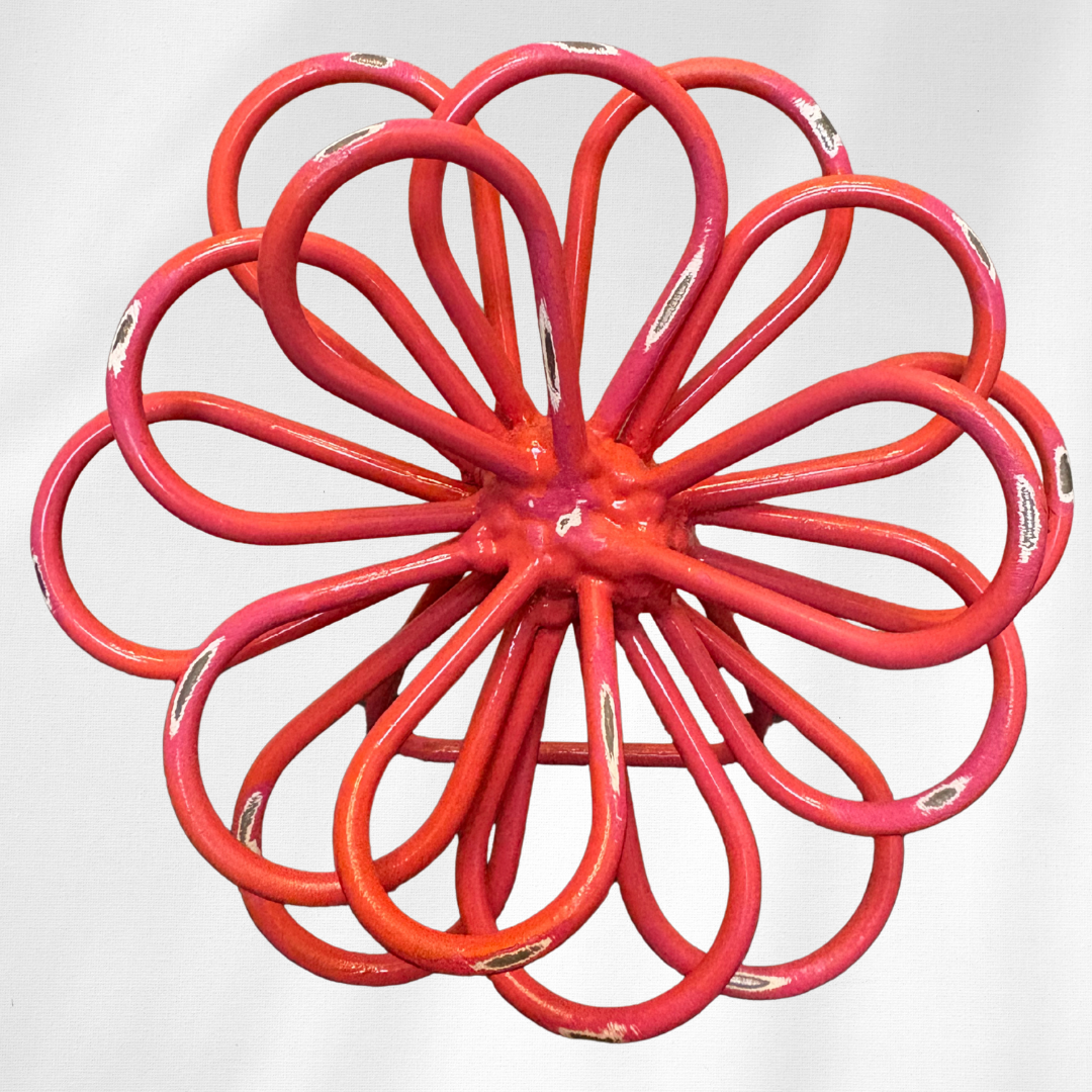 Handcrafted Steel Zinnia Flower Sculpture – Distressed Pink – Artfully Curved by Hand | Metal Bloom Décor for Shelf, Desk, or Bookcase | Gift for Garden & Flower Lovers