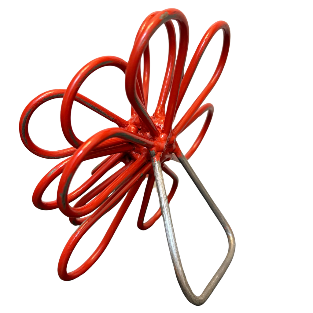 Handcrafted Steel Zinnia Flower Sculpture – Distressed Red – Artfully Curved by Hand | Metal Bloom Décor for Shelf, Desk, or Bookcase | Gift for Garden & Flower Lovers
