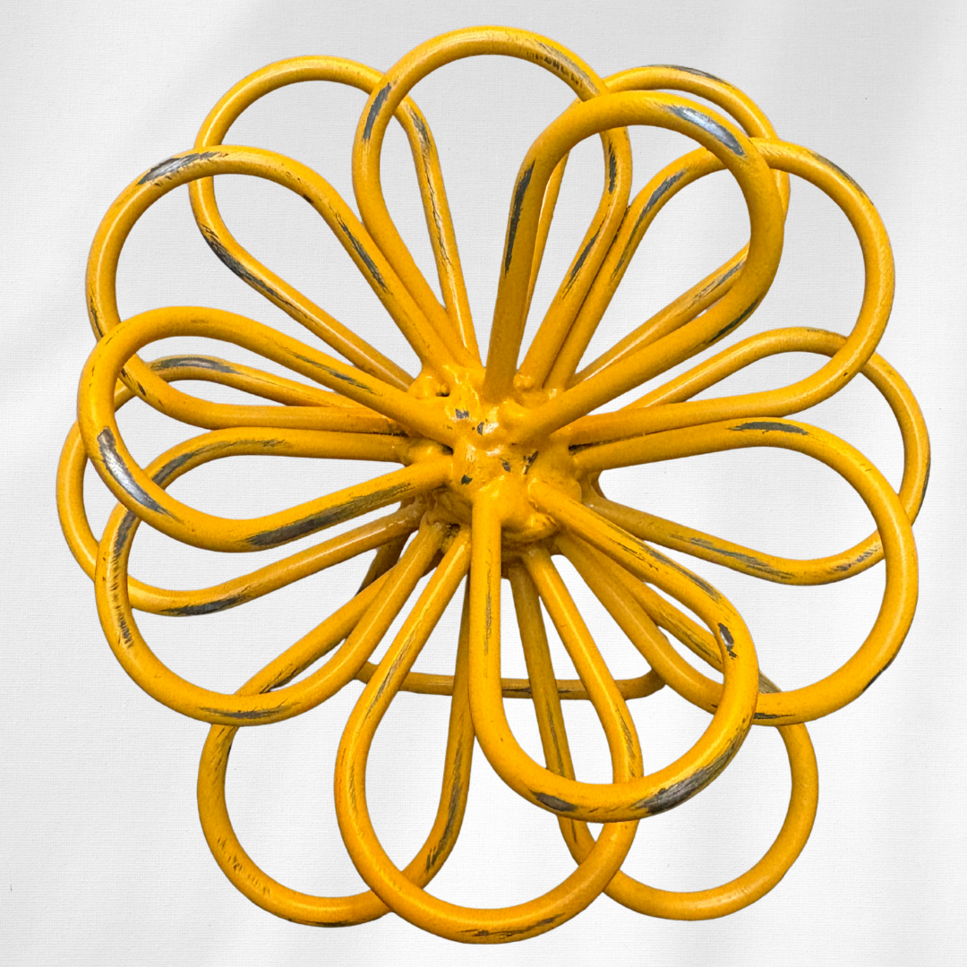 Handcrafted Steel Zinnia Flower Sculpture – Distressed Yellow – Artfully Curved by Hand | Metal Bloom Décor for Shelf, Desk, or Bookcase | Gift for Garden & Flower Lovers