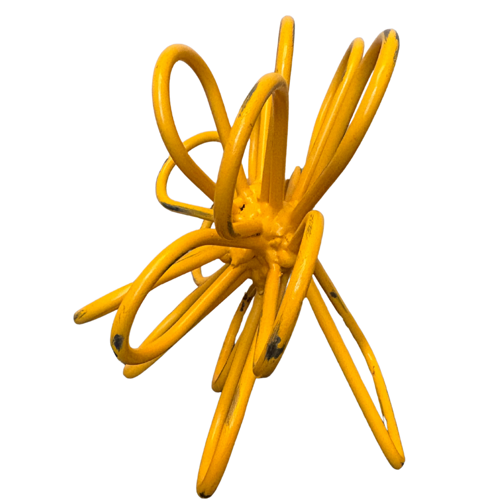 Handcrafted Steel Zinnia Flower Sculpture – Distressed Yellow – Artfully Curved by Hand | Metal Bloom Décor for Shelf, Desk, or Bookcase | Gift for Garden & Flower Lovers