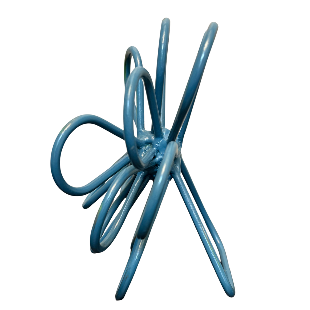 Handcrafted Steel Zinnia Flower Sculpture – Distressed Blue – Artfully Curved by Hand | Metal Bloom Décor for Shelf, Desk, or Bookcase | Gift for Garden & Flower Lovers