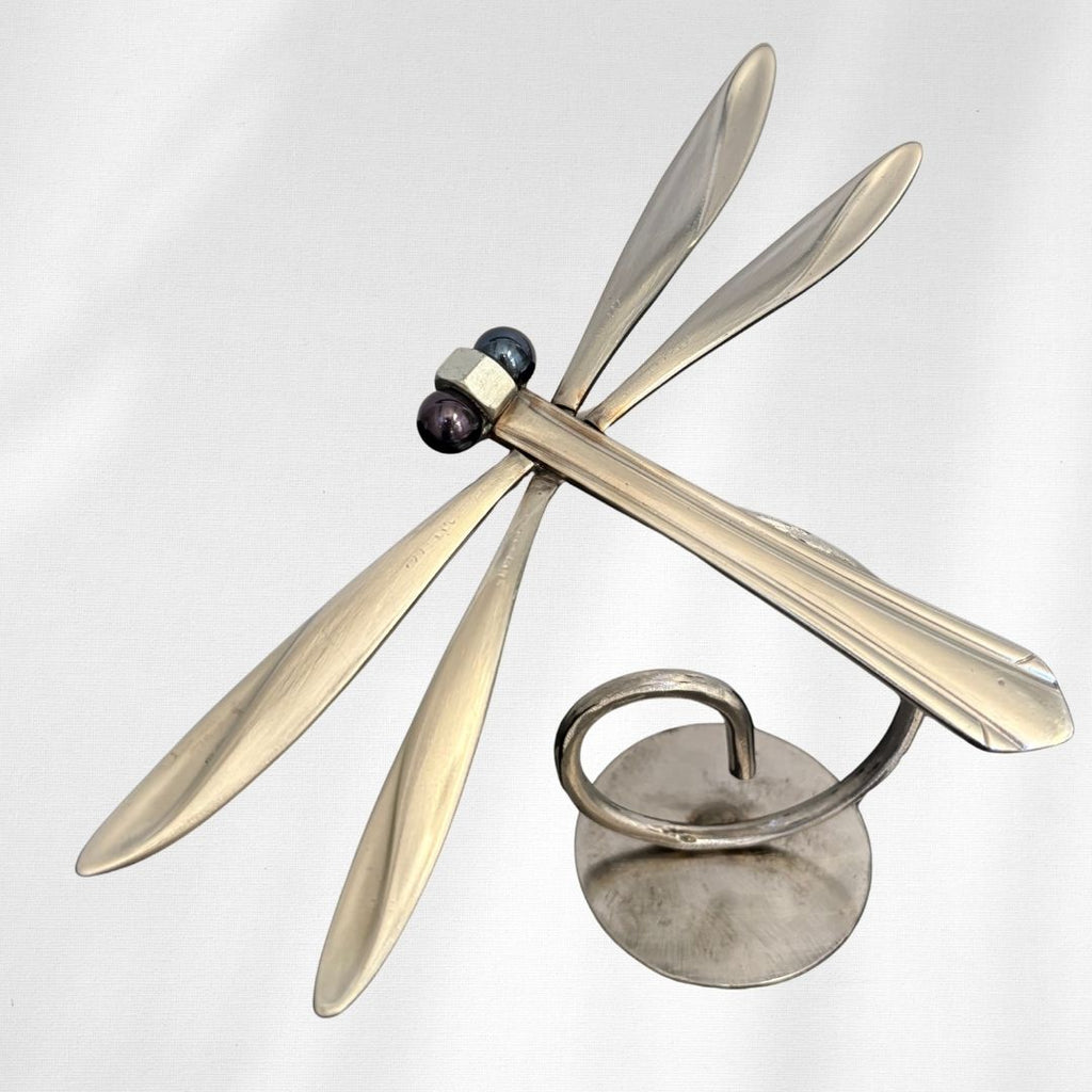 Upcycled Metal Dragonfly Sculpture – Handcrafted Welded Silverware Art for Tabletop, Bookshelf, Desk Décor, Reclaimed Cutlery Home Décor, Handmade in Indiana, #1