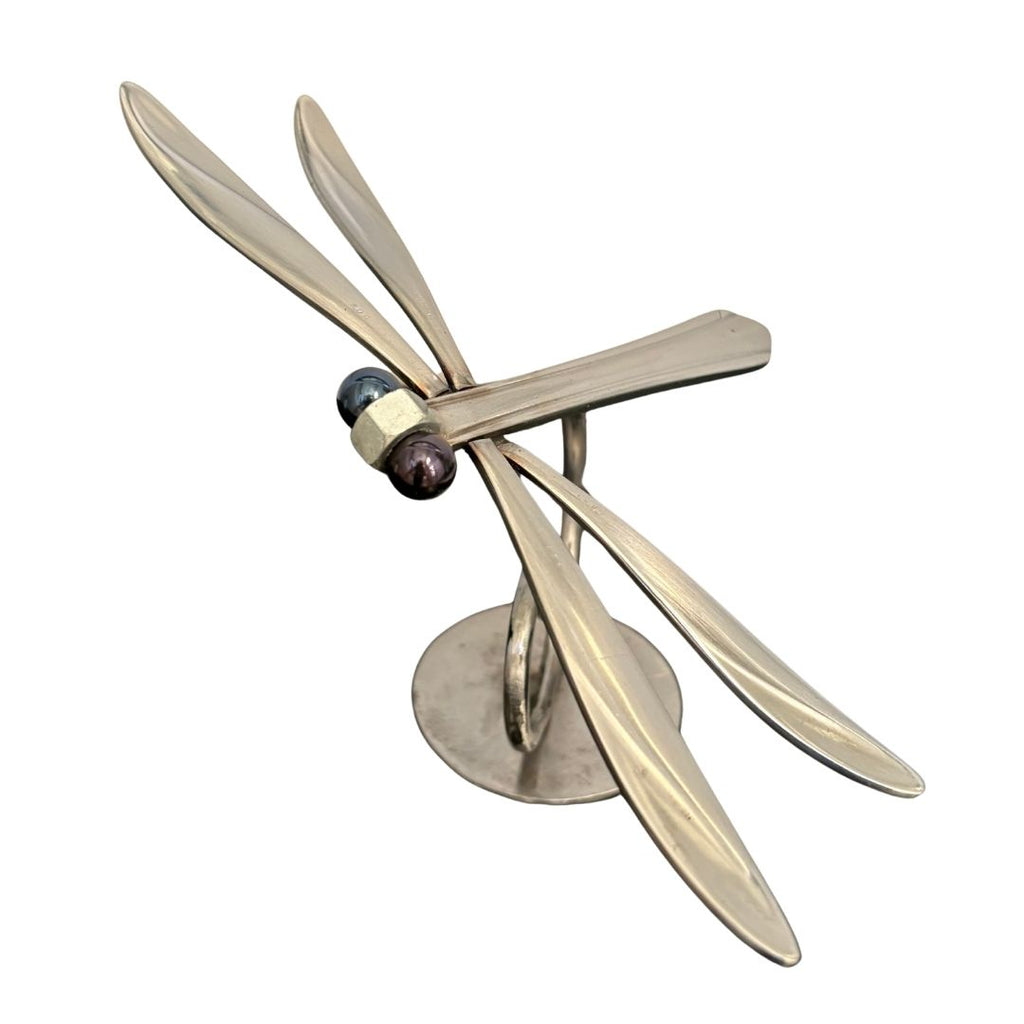 Upcycled Metal Dragonfly Sculpture – Handcrafted Welded Silverware Art for Tabletop, Bookshelf, Desk Décor, Reclaimed Cutlery Home Décor, Handmade in Indiana, #1