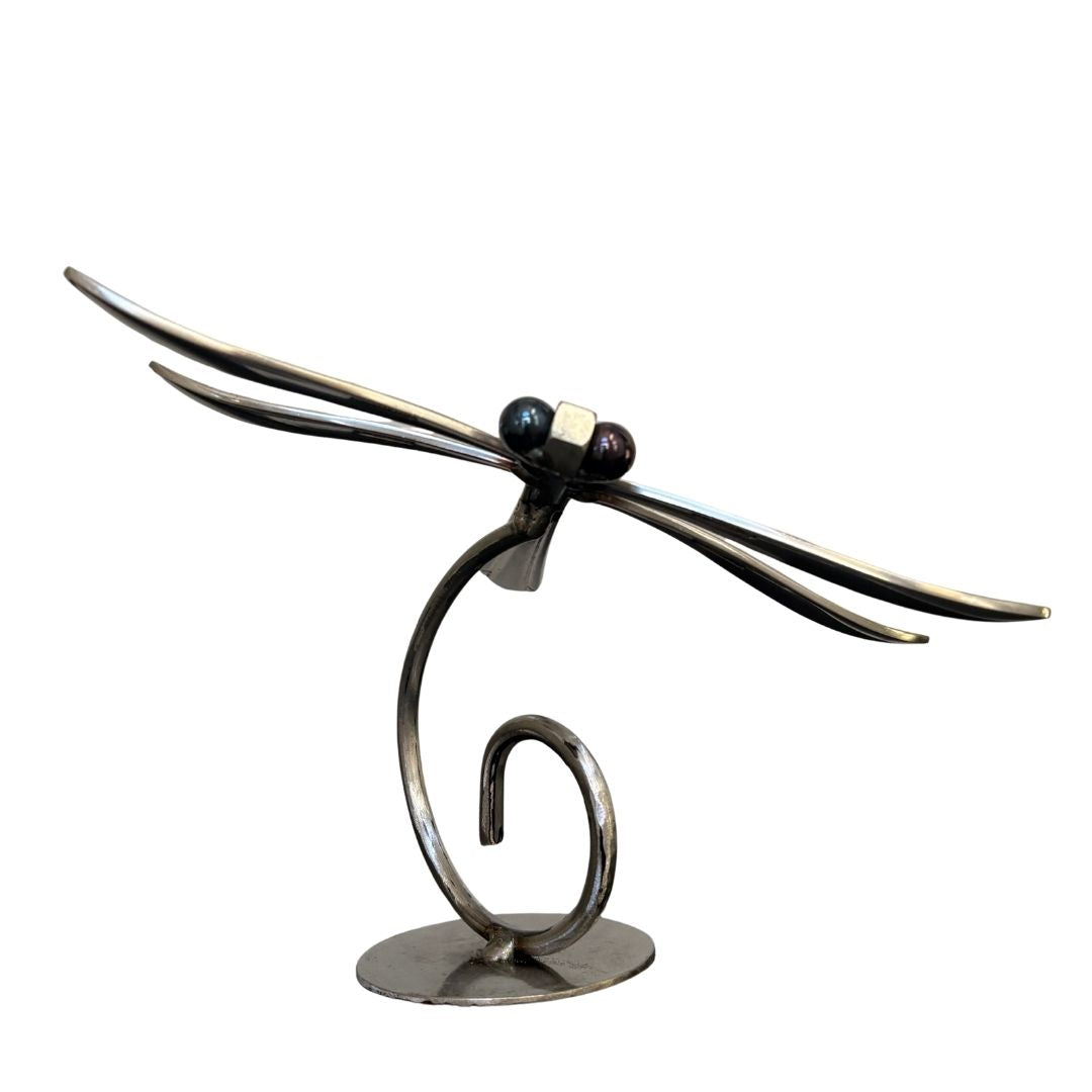 Upcycled Metal Dragonfly Sculpture – Handcrafted Welded Silverware Art for Tabletop, Bookshelf, Desk Décor, Reclaimed Cutlery Home Décor, Handmade in Indiana, #1