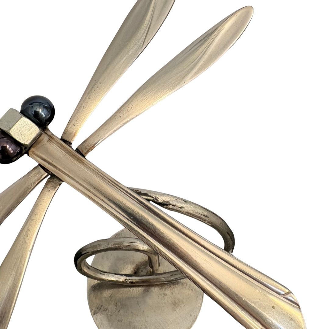 Upcycled Metal Dragonfly Sculpture – Handcrafted Welded Silverware Art for Tabletop, Bookshelf, Desk Décor, Reclaimed Cutlery Home Décor, Handmade in Indiana, #1