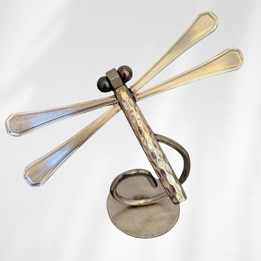 Upcycled Metal Dragonfly Sculpture – Handcrafted Welded Silverware Art for Tabletop, Bookshelf, Desk Décor, Reclaimed Cutlery Home Décor, Handmade in Indiana, #2