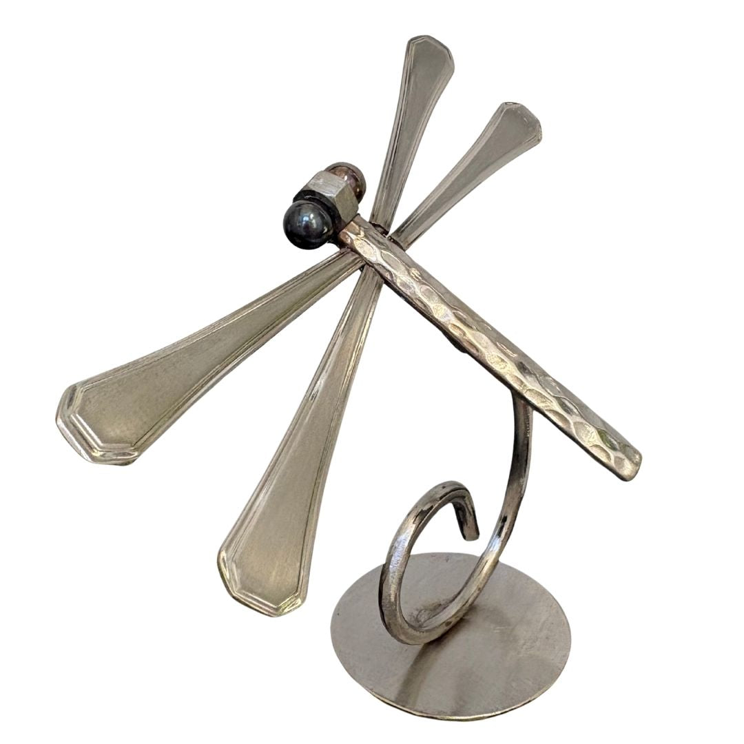 Upcycled Metal Dragonfly Sculpture – Handcrafted Welded Silverware Art for Tabletop, Bookshelf, Desk Décor, Reclaimed Cutlery Home Décor, Handmade in Indiana, #2