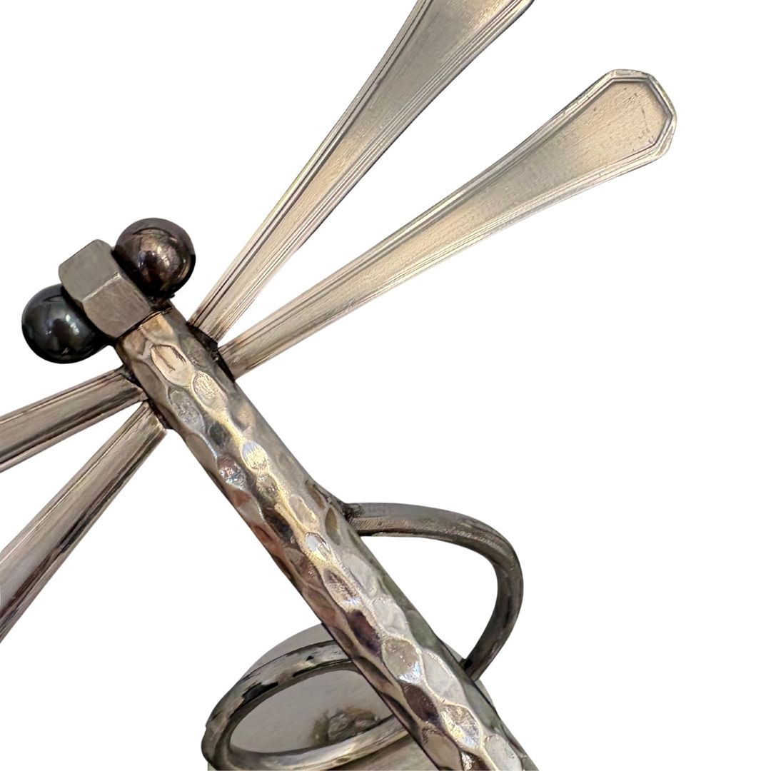 Upcycled Metal Dragonfly Sculpture – Handcrafted Welded Silverware Art for Tabletop, Bookshelf, Desk Décor, Reclaimed Cutlery Home Décor, Handmade in Indiana, #2