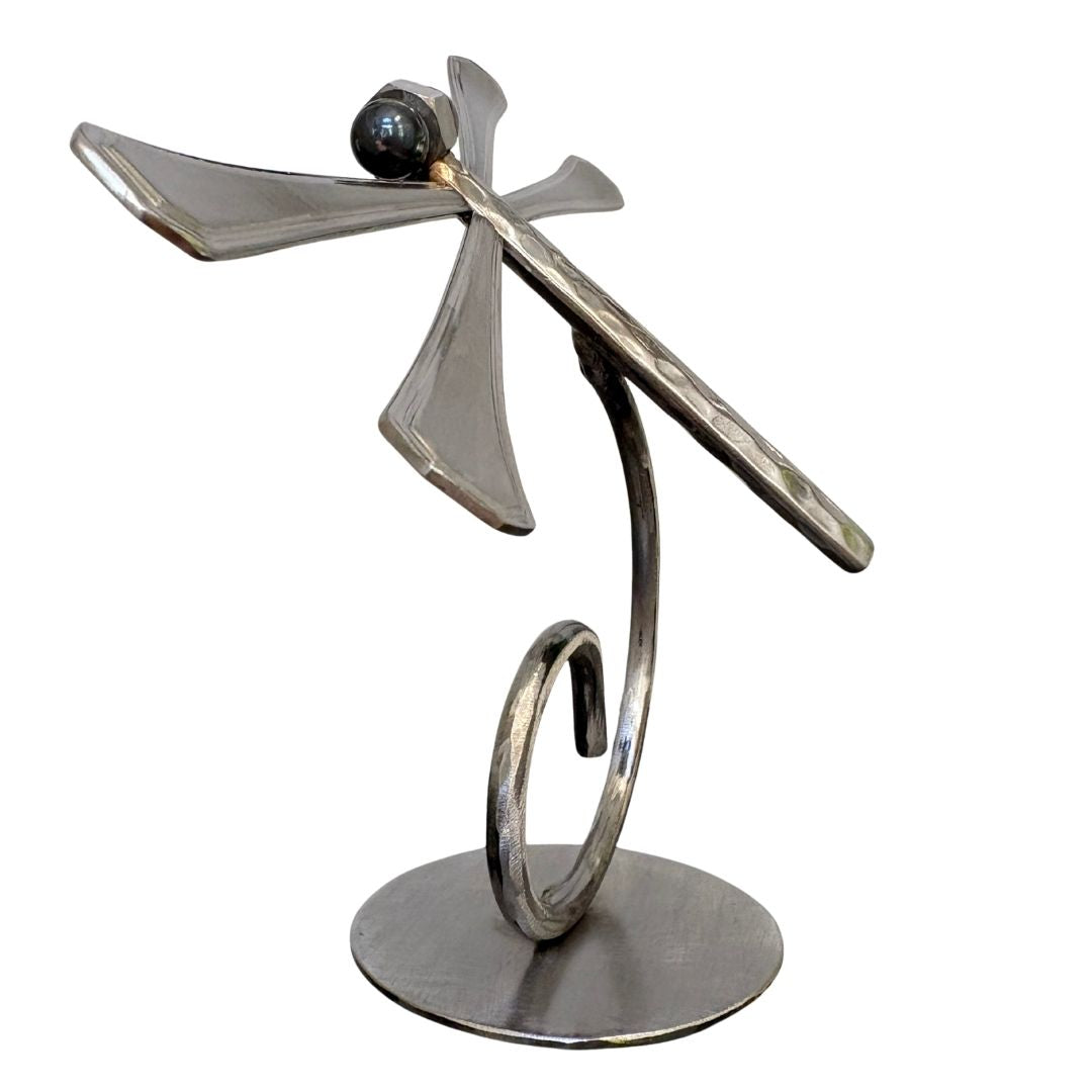 Upcycled Metal Dragonfly Sculpture – Handcrafted Welded Silverware Art for Tabletop, Bookshelf, Desk Décor, Reclaimed Cutlery Home Décor, Handmade in Indiana, #2