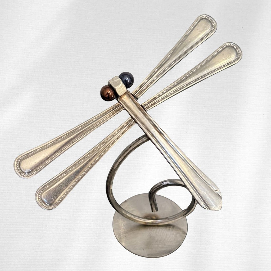 Upcycled Metal Dragonfly Sculpture – Handcrafted Welded Silverware Art for Tabletop, Bookshelf, Desk Décor, Reclaimed Cutlery Home Décor, Handmade in Indiana, #3