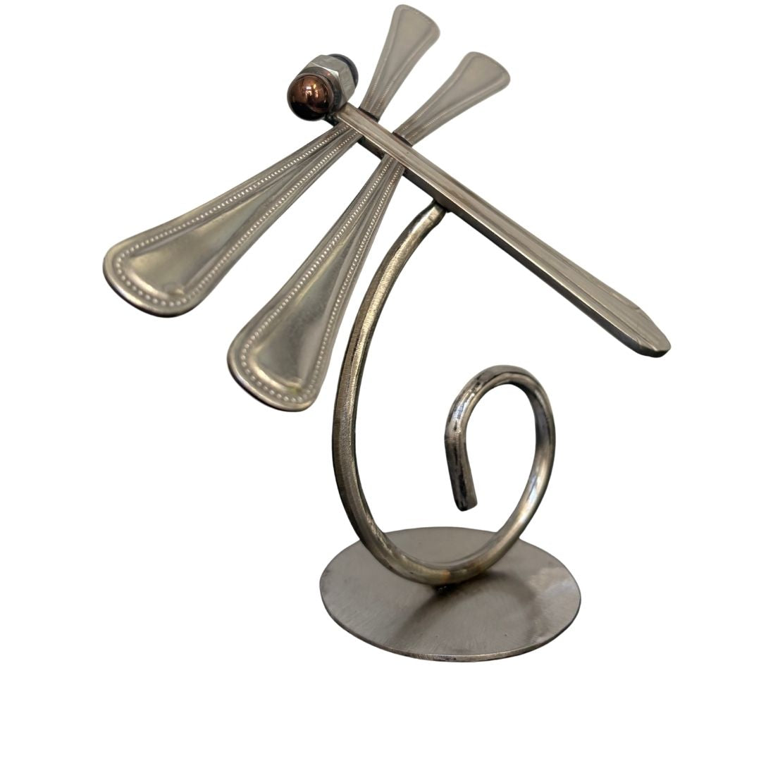 Upcycled Metal Dragonfly Sculpture – Handcrafted Welded Silverware Art for Tabletop, Bookshelf, Desk Décor, Reclaimed Cutlery Home Décor, Handmade in Indiana, #3
