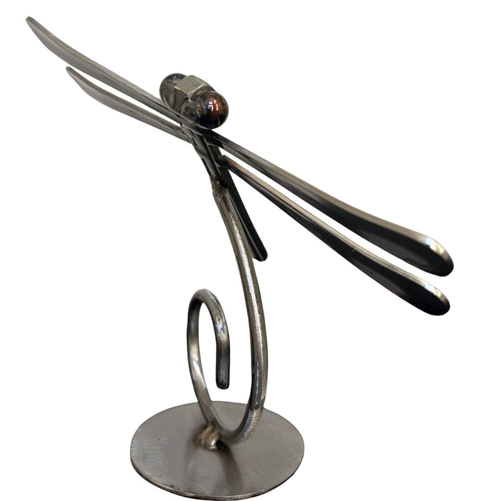 Upcycled Metal Dragonfly Sculpture – Handcrafted Welded Silverware Art for Tabletop, Bookshelf, Desk Décor, Reclaimed Cutlery Home Décor, Handmade in Indiana, #3