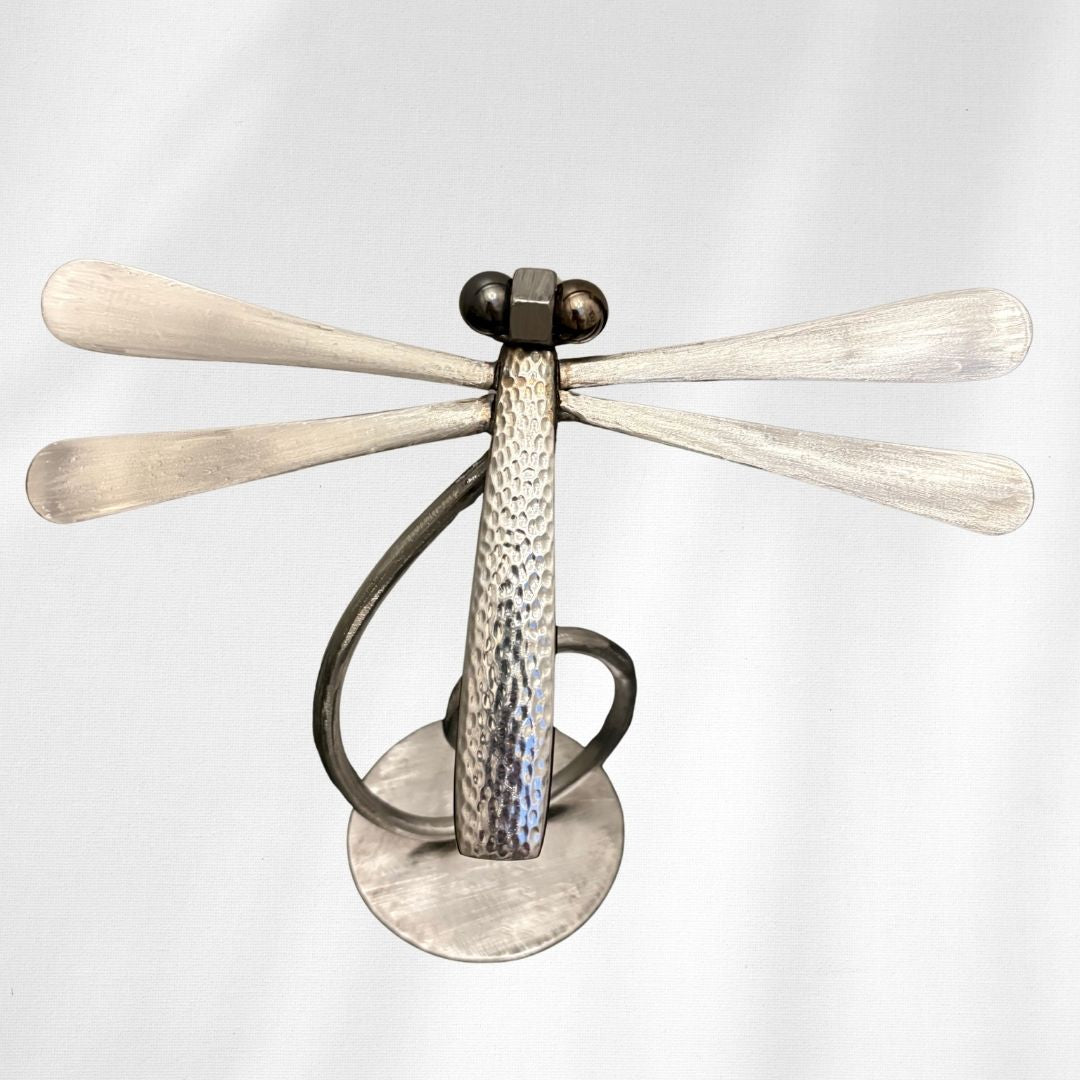 Upcycled Metal Dragonfly Sculpture – Handcrafted Welded Silverware Art for Tabletop, Bookshelf, Desk Décor, Reclaimed Cutlery Home Décor, Handmade in Indiana, #4