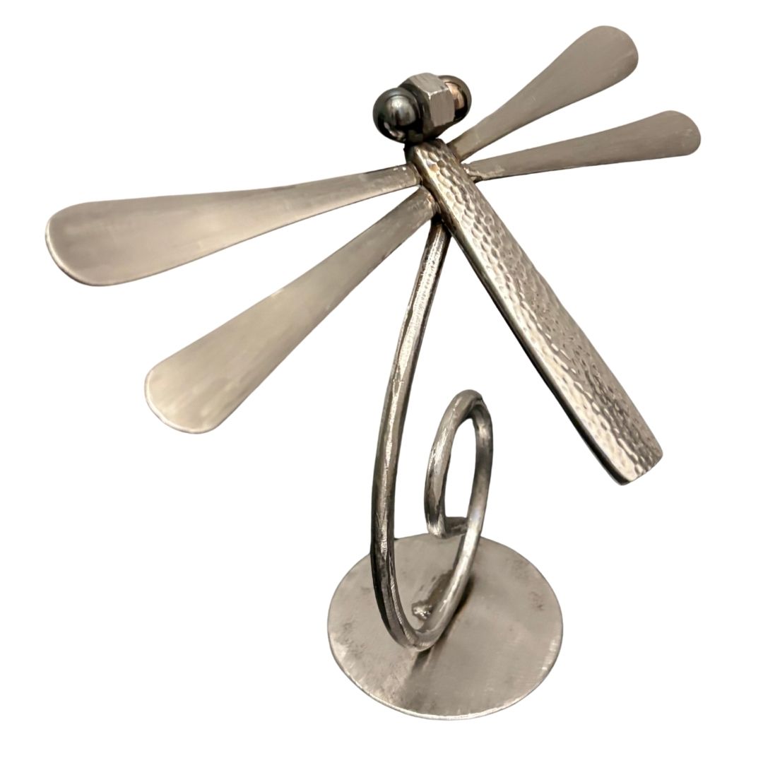 Upcycled Metal Dragonfly Sculpture – Handcrafted Welded Silverware Art for Tabletop, Bookshelf, Desk Décor, Reclaimed Cutlery Home Décor, Handmade in Indiana, #4