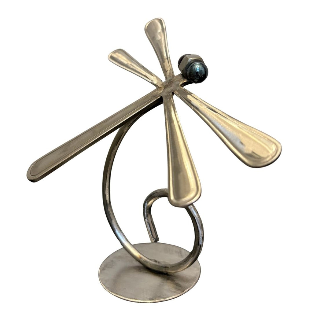 Upcycled Metal Dragonfly Sculpture – Handcrafted Welded Silverware Art for Tabletop, Bookshelf, Desk Décor, Reclaimed Cutlery Home Décor, Handmade in Indiana, #5