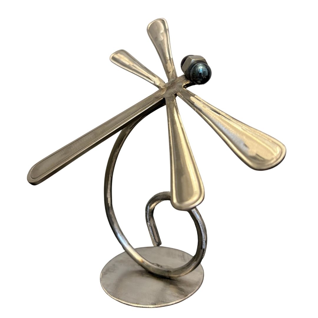 Upcycled Metal Dragonfly Sculpture – Handcrafted Welded Silverware Art for Tabletop, Bookshelf, Desk Décor, Reclaimed Cutlery Home Décor, Handmade in Indiana, #5
