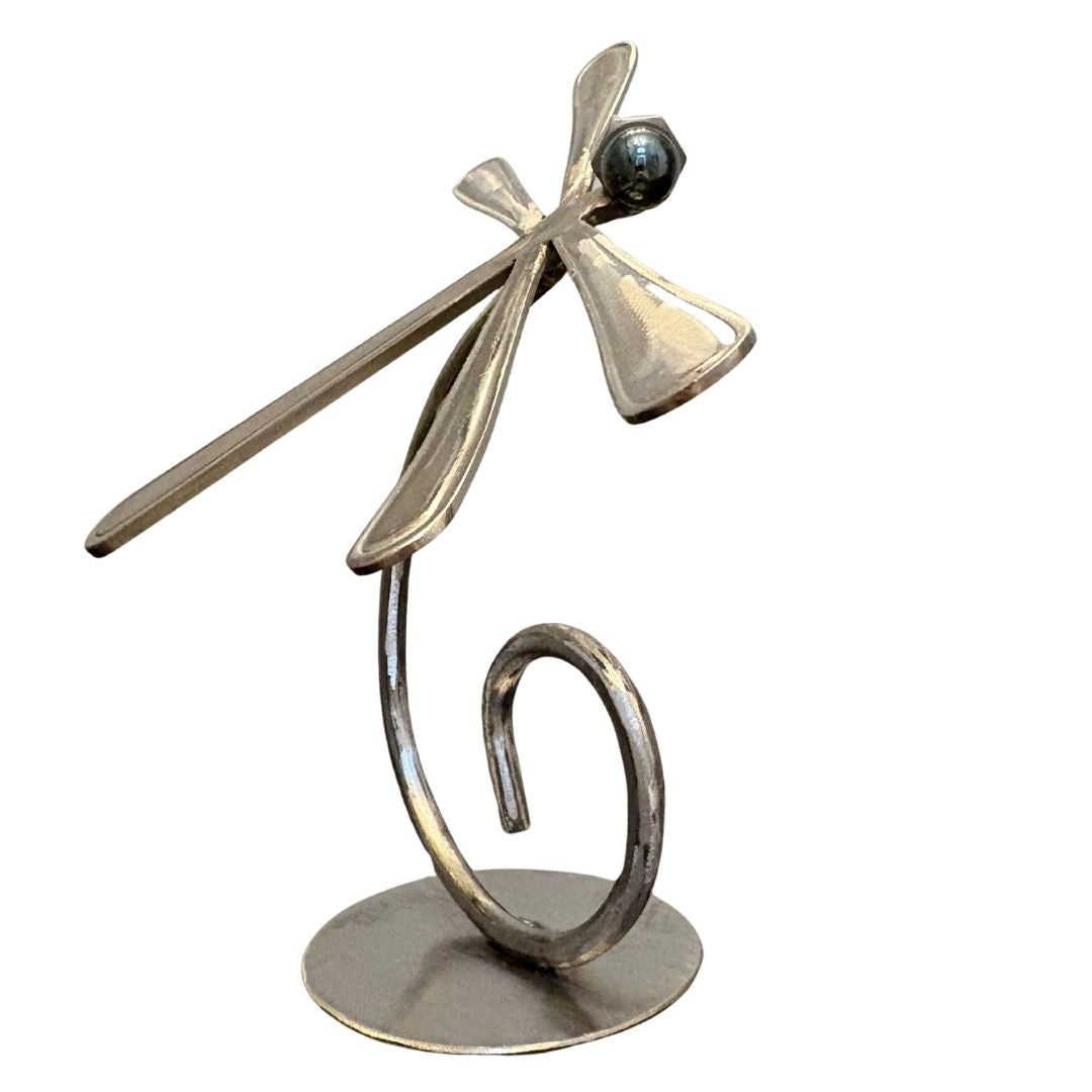 Upcycled Metal Dragonfly Sculpture – Handcrafted Welded Silverware Art for Tabletop, Bookshelf, Desk Décor, Reclaimed Cutlery Home Décor, Handmade in Indiana, #5