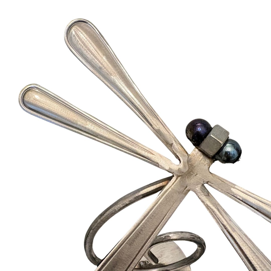 Upcycled Metal Dragonfly Sculpture – Handcrafted Welded Silverware Art for Tabletop, Bookshelf, Desk Décor, Reclaimed Cutlery Home Décor, Handmade in Indiana, #5