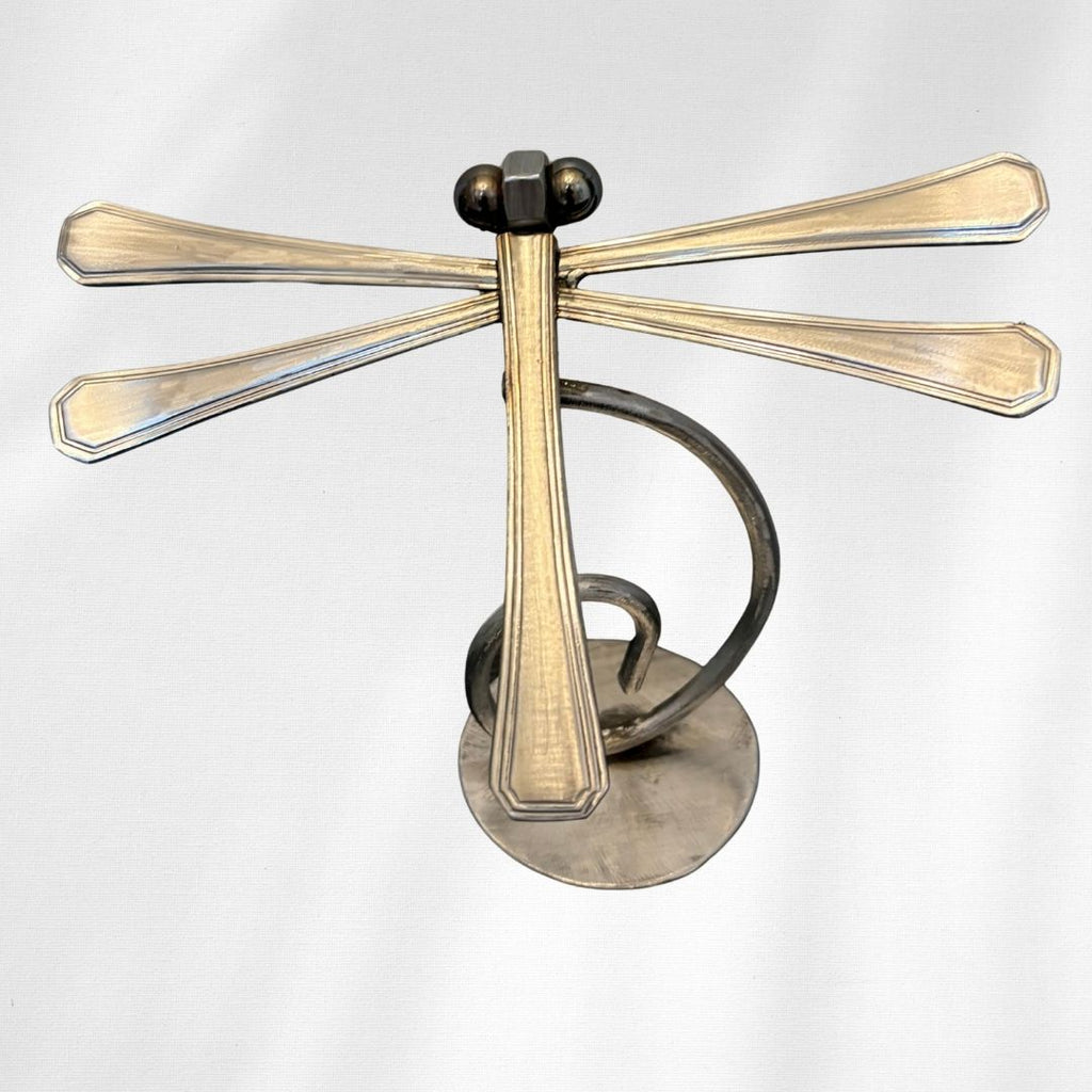 Upcycled Metal Dragonfly Sculpture – Handcrafted Welded Silverware Art for Tabletop, Bookshelf, Desk Décor, Reclaimed Cutlery Home Décor, Handmade in Indiana, #6