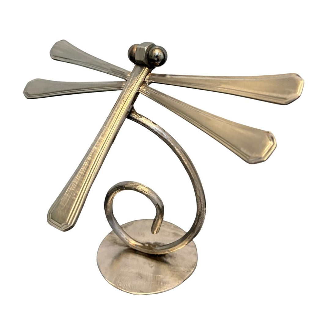 Upcycled Metal Dragonfly Sculpture – Handcrafted Welded Silverware Art for Tabletop, Bookshelf, Desk Décor, Reclaimed Cutlery Home Décor, Handmade in Indiana, #6