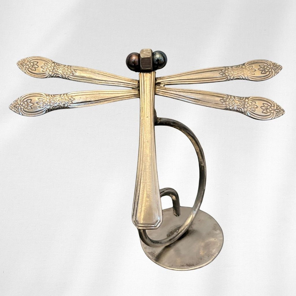 Upcycled Metal Dragonfly Sculpture – Handcrafted Welded Silverware Art for Tabletop, Bookshelf, Desk Décor, Reclaimed Cutlery Home Décor, Handmade in Indiana, #7