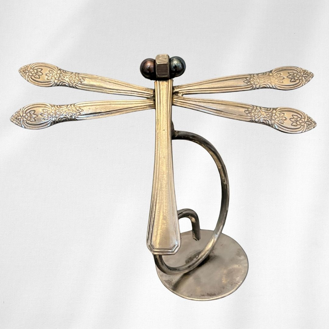 Upcycled Metal Dragonfly Sculpture – Handcrafted Welded Silverware Art for Tabletop, Bookshelf, Desk Décor, Reclaimed Cutlery Home Décor, Handmade in Indiana, #7