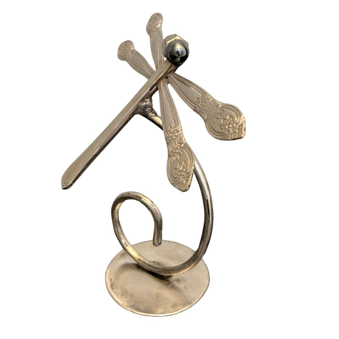 Upcycled Metal Dragonfly Sculpture – Handcrafted Welded Silverware Art for Tabletop, Bookshelf, Desk Décor, Reclaimed Cutlery Home Décor, Handmade in Indiana, #7