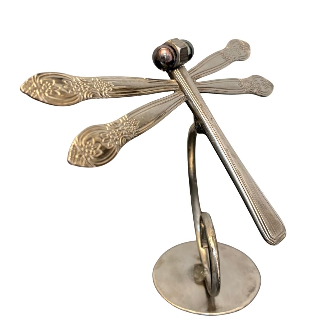 Upcycled Metal Dragonfly Sculpture – Handcrafted Welded Silverware Art for Tabletop, Bookshelf, Desk Décor, Reclaimed Cutlery Home Décor, Handmade in Indiana, #7