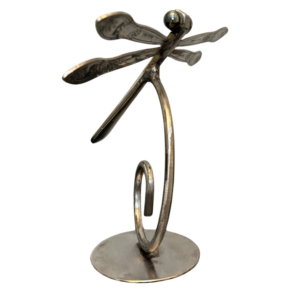 Upcycled Metal Dragonfly Sculpture – Handcrafted Welded Silverware Art for Tabletop, Bookshelf, Desk Décor, Reclaimed Cutlery Home Décor, Handmade in Indiana, #7
