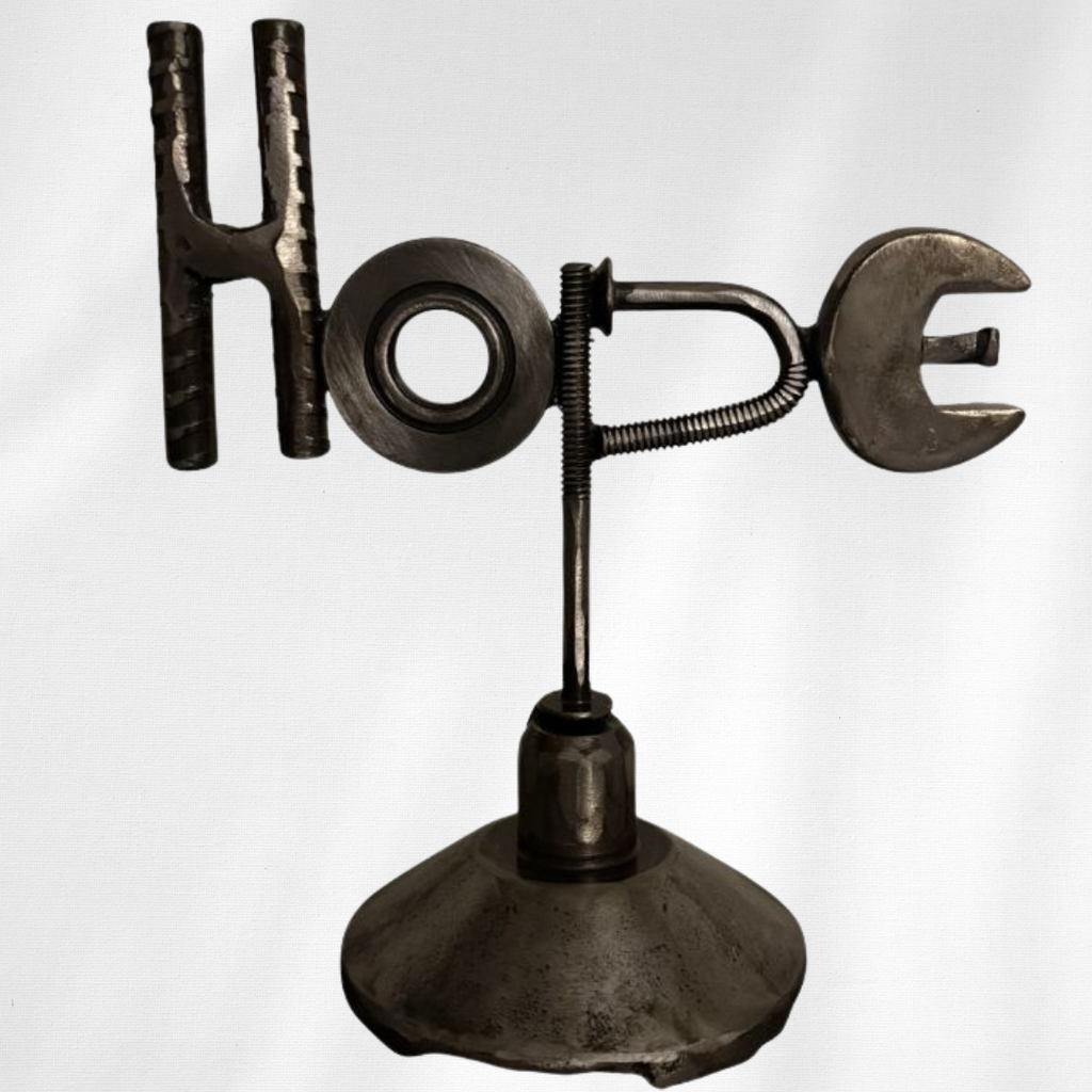 Handmade Metal HOPE Sculpture – Recycled Tool Art – Industrial Rustic Home Decor