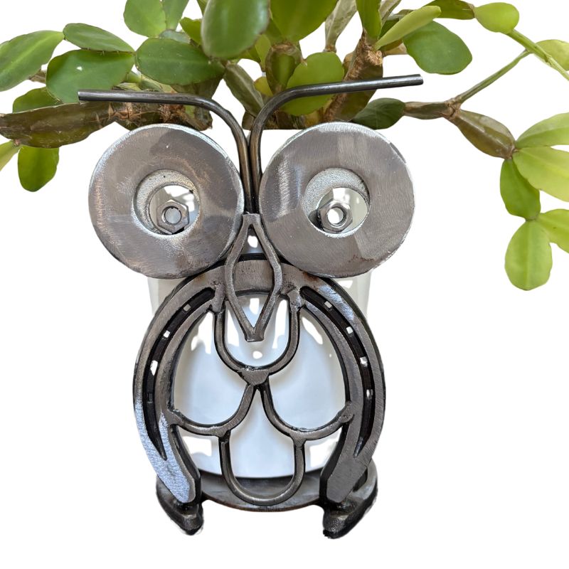 Horseshoe Owl Metal Art – Candle Holder, Plant Stand, or Doorstop – Handmade Steel Owl Decor - 3