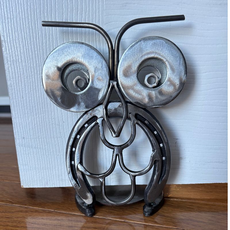 Horseshoe Owl Metal Art – Candle Holder, Plant Stand, or Doorstop – Handmade Steel Owl Decor - 4