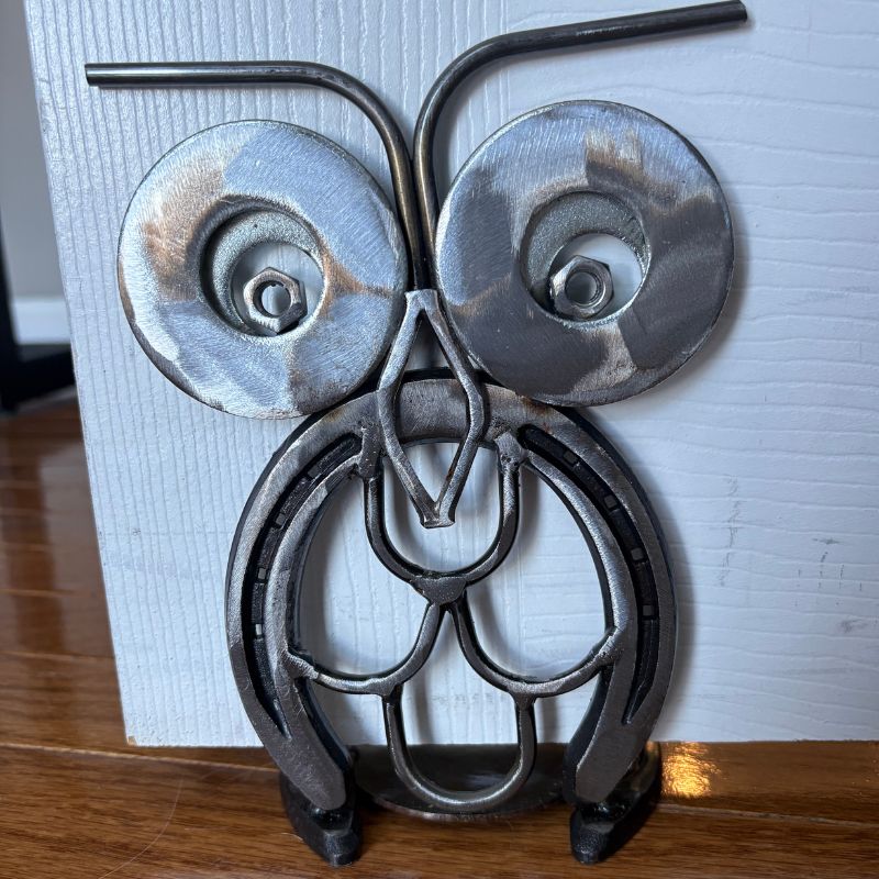 Horseshoe Owl Metal Art – Candle Holder, Plant Stand, or Doorstop – Handmade Steel Owl Decor - 3