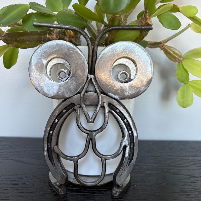 Horseshoe Owl Metal Art – Candle Holder, Plant Stand, or Doorstop – Handmade Steel Owl Decor - 4
