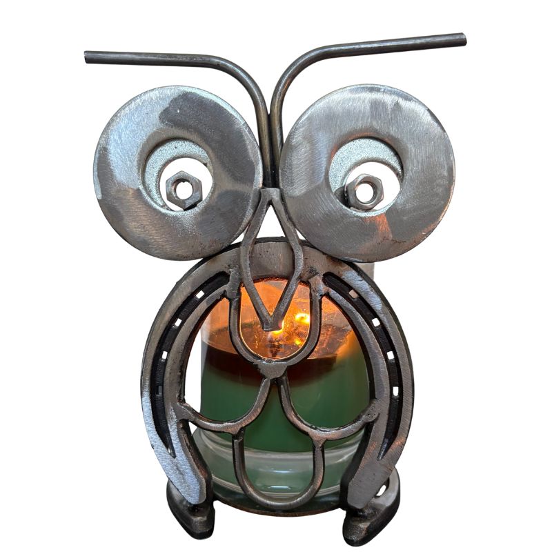 Horseshoe Owl Metal Art – Candle Holder, Plant Stand, or Doorstop – Handmade Steel Owl Decor - 3