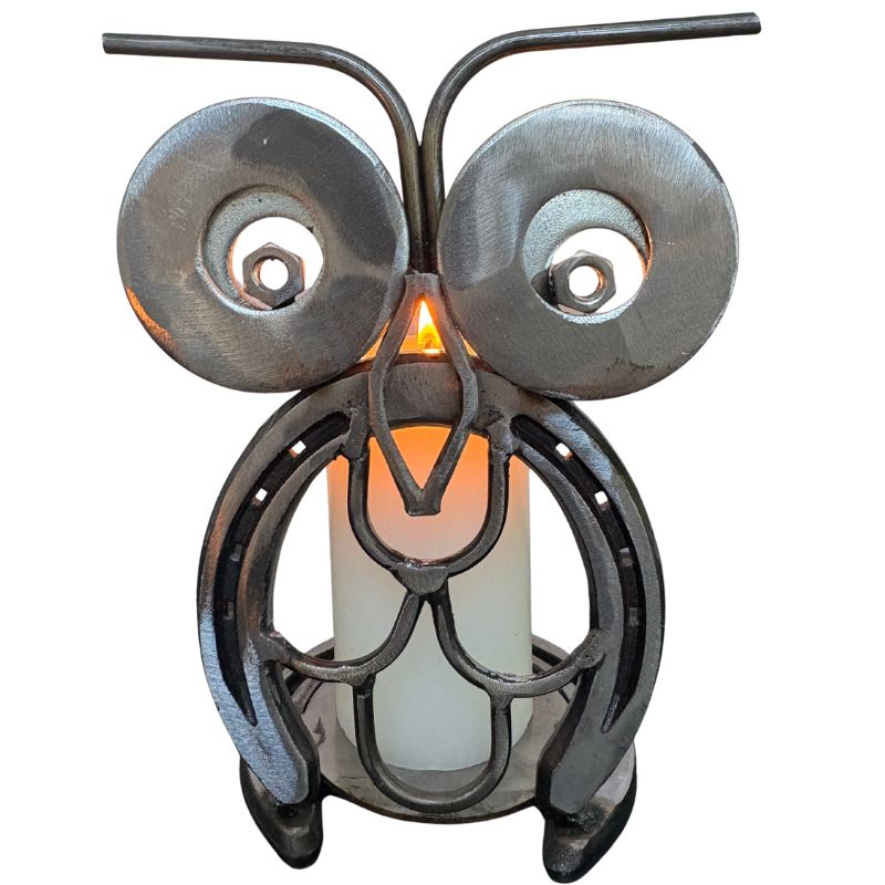 Horseshoe Owl Metal Art – Candle Holder, Plant Stand, or Doorstop – Handmade Steel Owl Decor - 3