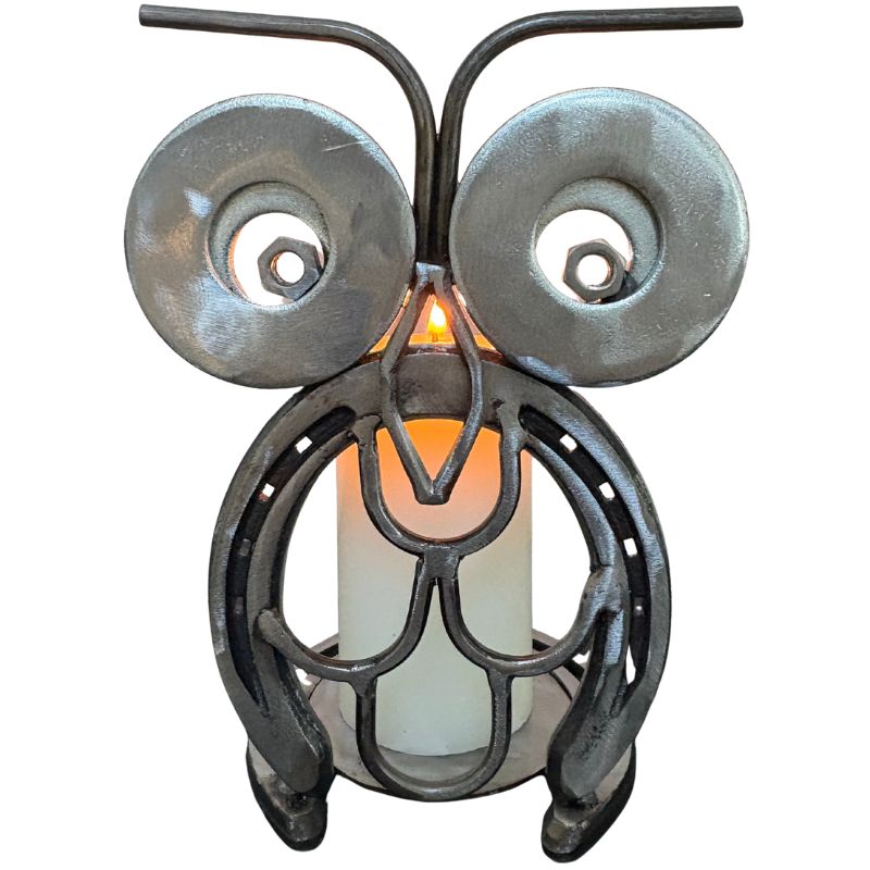 Horseshoe Owl Metal Art – Candle Holder, Plant Stand, or Doorstop – Handmade Steel Owl Decor - 4