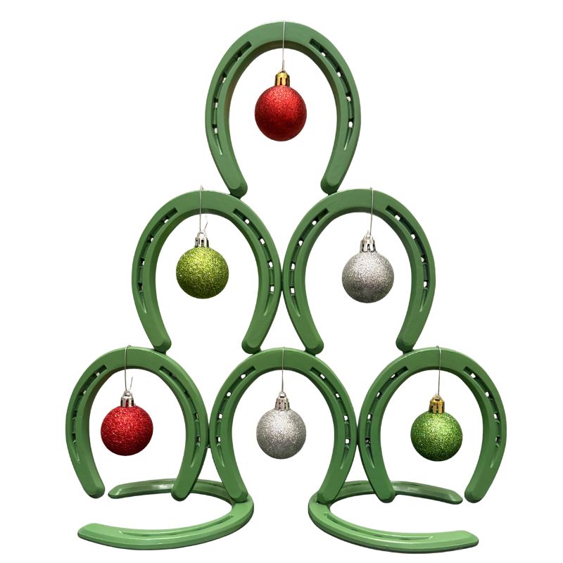Moss Green Stacked Horseshoe Christmas Tree – Handmade Metal Holiday Decor – 8 Horseshoe Tree Sculpture – Rustic Farmhouse Christmas Decoration
