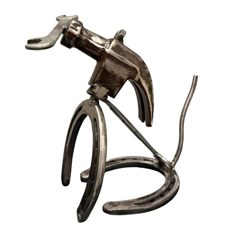 Horseshoe Dog Sculpture with Wrench Bone – Handmade Metal Dog Decor – Upcycled Tool Art Dog – Unique Gift for Dog Lovers & Mechanics