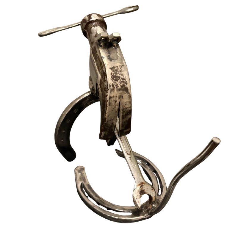 Horseshoe Dog Sculpture with Wrench Bone – Handmade Metal Dog Decor – Upcycled Tool Art Dog – Unique Gift for Dog Lovers & Mechanics