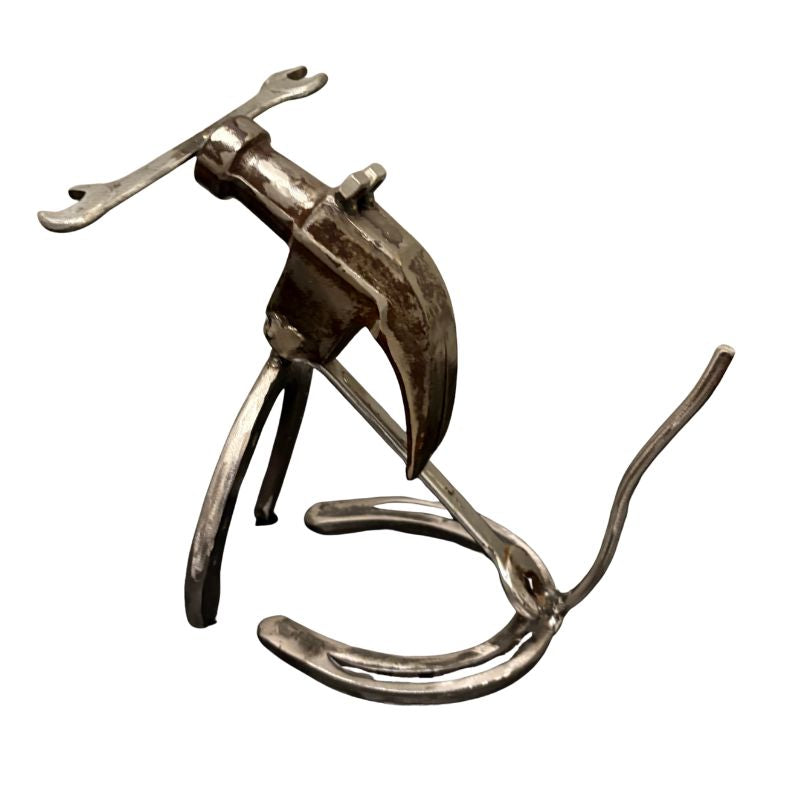 Horseshoe Dog Sculpture with Wrench Bone – Handmade Metal Dog Decor – Upcycled Tool Art Dog – Unique Gift for Dog Lovers & Mechanics