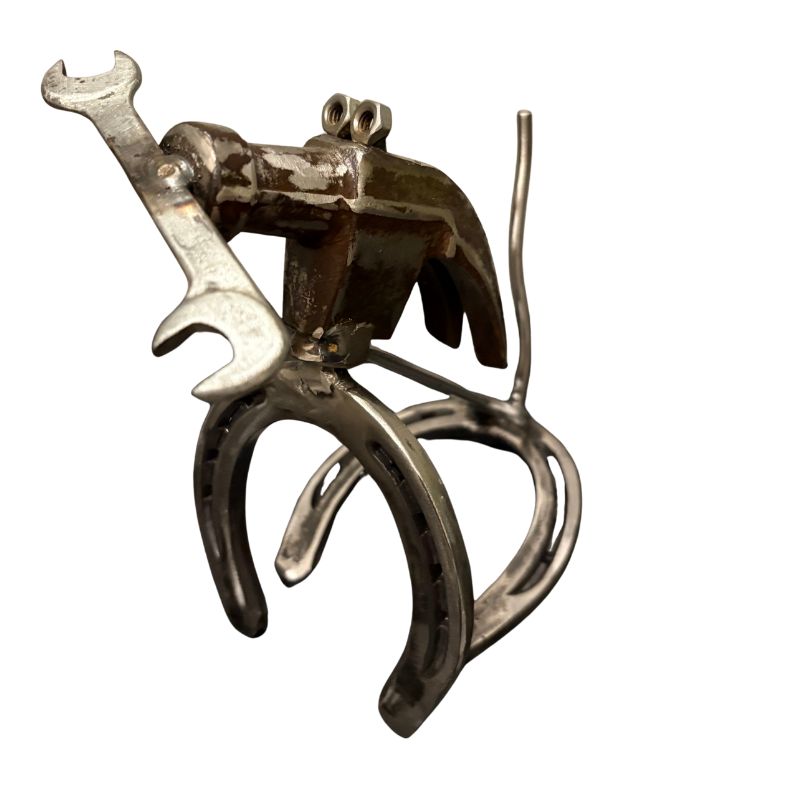 Horseshoe Dog Sculpture with Wrench Bone – Handmade Metal Dog Decor – Upcycled Tool Art Dog – Unique Gift for Dog Lovers & Mechanics