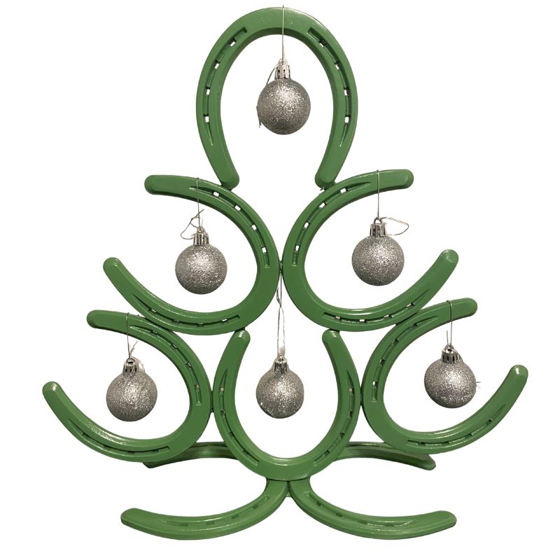 Moss Green Painted Horseshoe Christmas Tree – Handmade Metal Holiday Decor – Horseshoe Tree Sculpture – Rustic Farmhouse Christmas Decoration