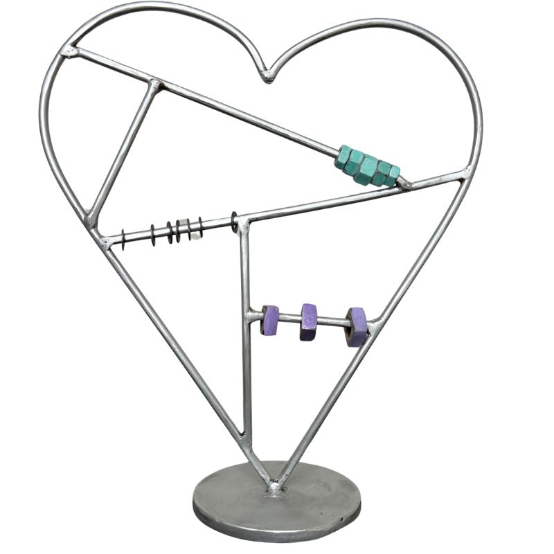 Interactive Silver Heart Sculpture with Sliding Nuts & Washers – Handmade Metal Desktop Fidget Art – Distressed Silver Heart Decor – Unique Gift for Someone You Love