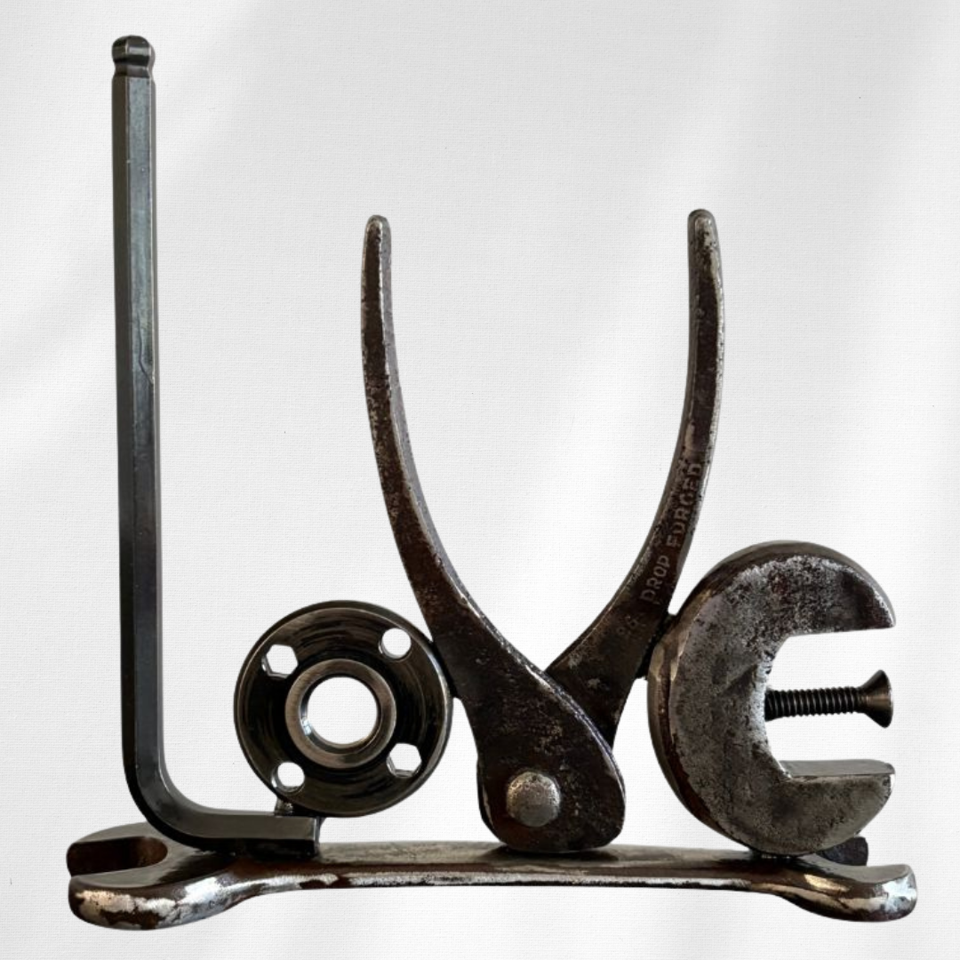 Handmade Metal LOVE Sculpture – Upcycled Tool Art – Industrial Rustic Home Decor