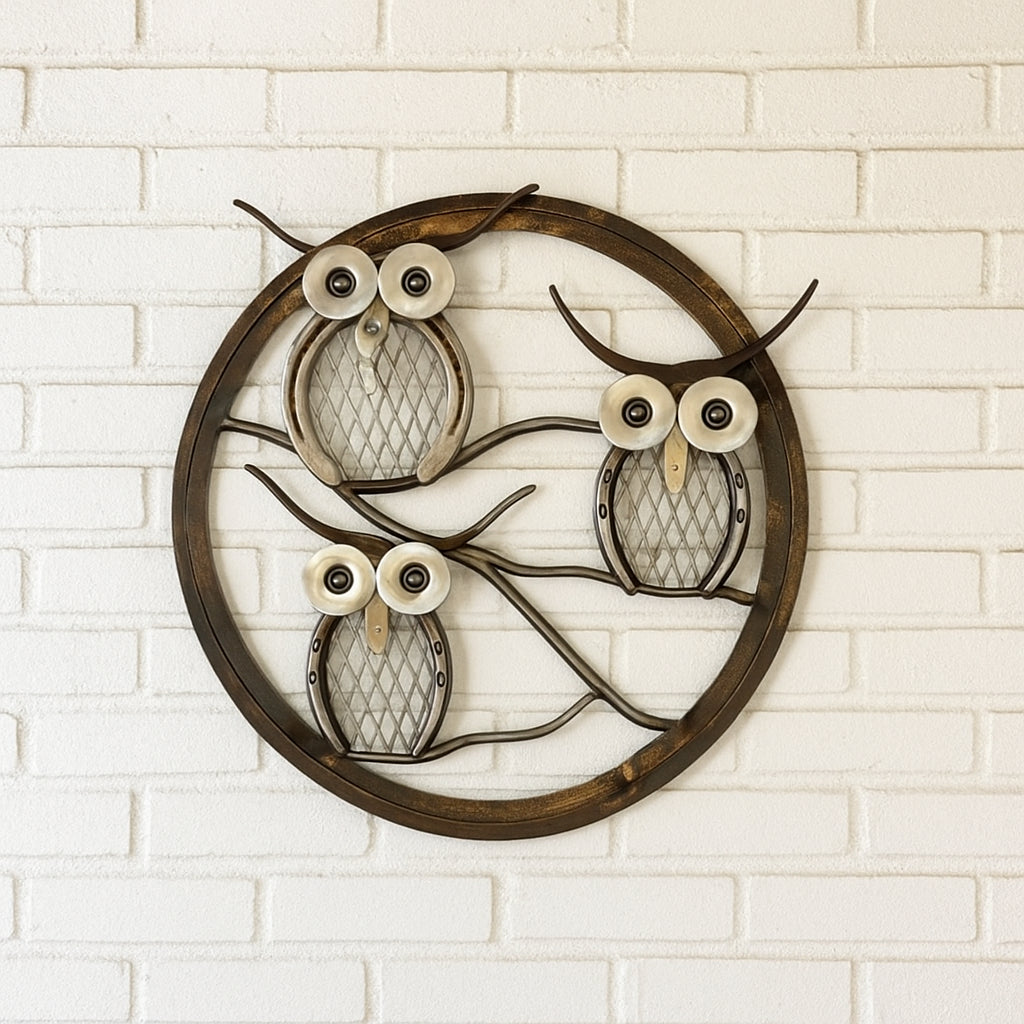 Handmade Metal Owl Family Wall Art – Recycled Steel Owlways Family Sculpture – Rustic Woodland Home Decor