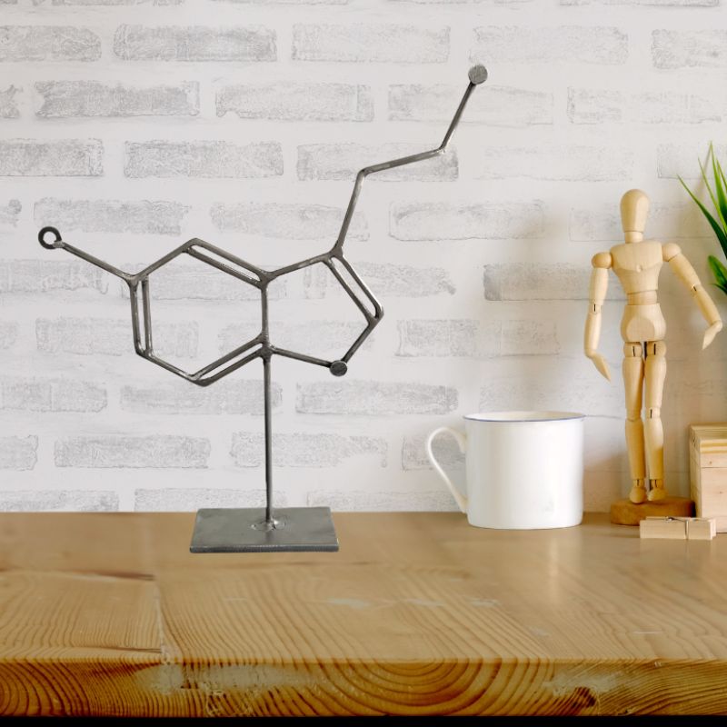 Serotonin Molecule Sculpture – Metal Serotonin Tabletop Decor – Handmade Steel Molecule Art – Science Gift for Office, Lab, Classroom, or Therapy Space